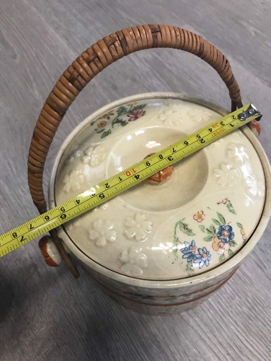 Old Biscuit Jar Reed Handle Cookie Container made in Japan 5 1/4