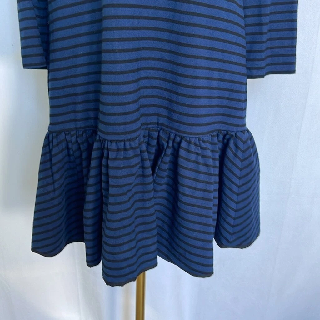 Abito Kate Spade vita scesa taglia 8 blu nero a righe maniche lunghe orlo arricciato