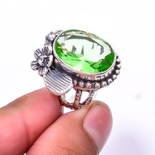 Green Amethyst, White Topaz Oxidised Flower 925 Sterling Silver Ring s.8 R32