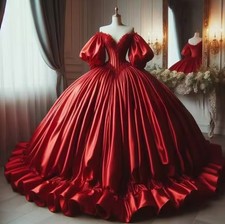 Vintage Fluffy Victorian Wedding Dress Burgundy Bubble Short Sleeve Corset Lace