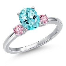 1.46 Ct Oval Blue Apatite Pink Lab Grown Diamond 14K White Gold Ring