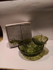 MCM Avocado Chip & Dip Set Anchor Hocking In Box 2 Bowls 1 Brass Plated Holder