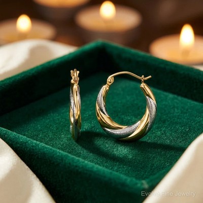 Hohl-Creolen 10 Karat gelb mit Rhodium & Rhodium gedreht