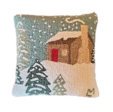 Chandler 4 Corners Laura Megroz Hooked Wool Pillow Snowy Night Cabin Christmas