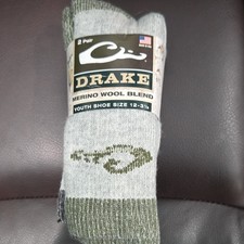 Drake Merino Wool Blend Unisex Kids Crew Socks S 12- 3 1/2. 2 Pairs Green/Black