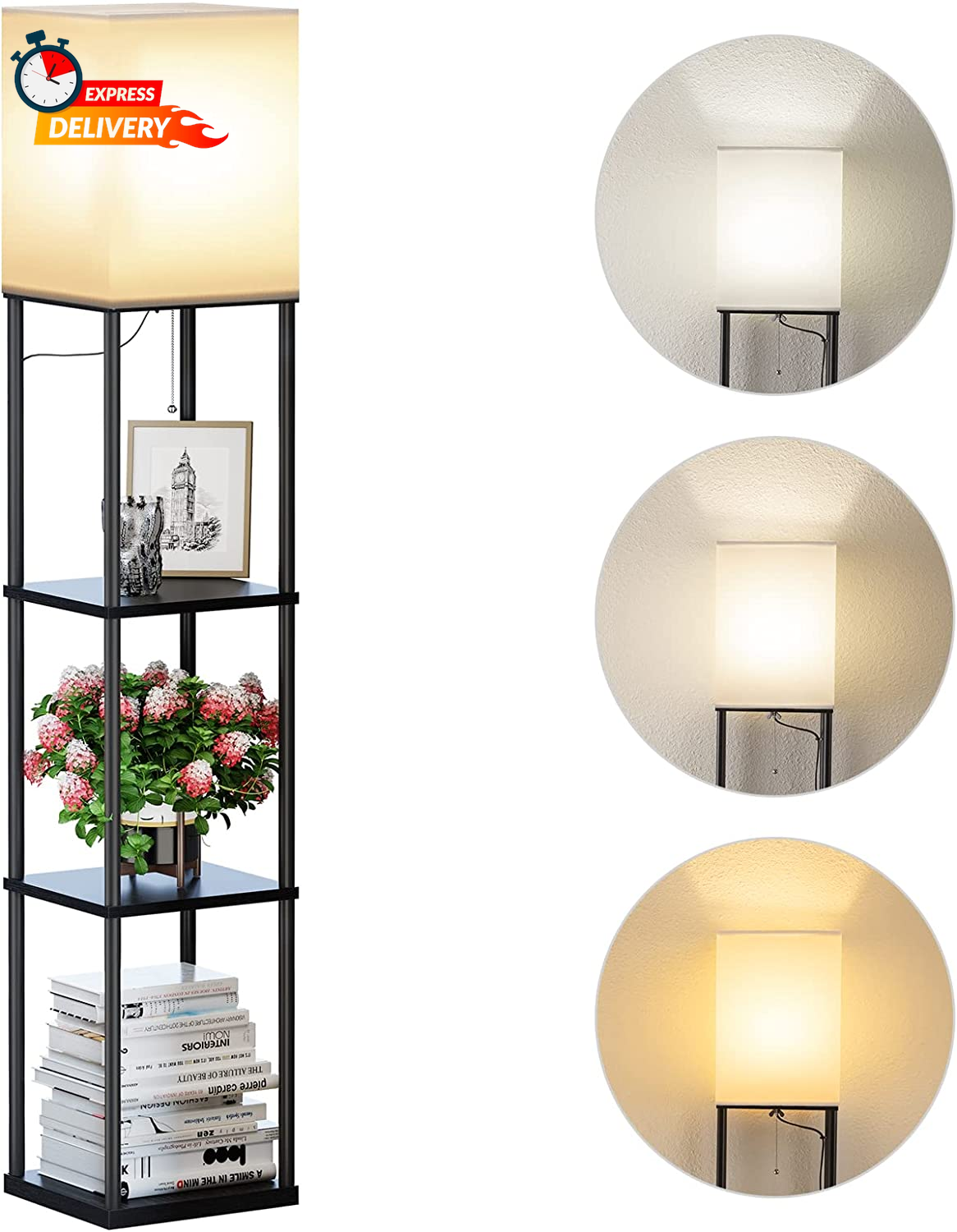 SUNMORY Floor Lamp with Shelves, Modern Square Standing Lamp with 3 Color