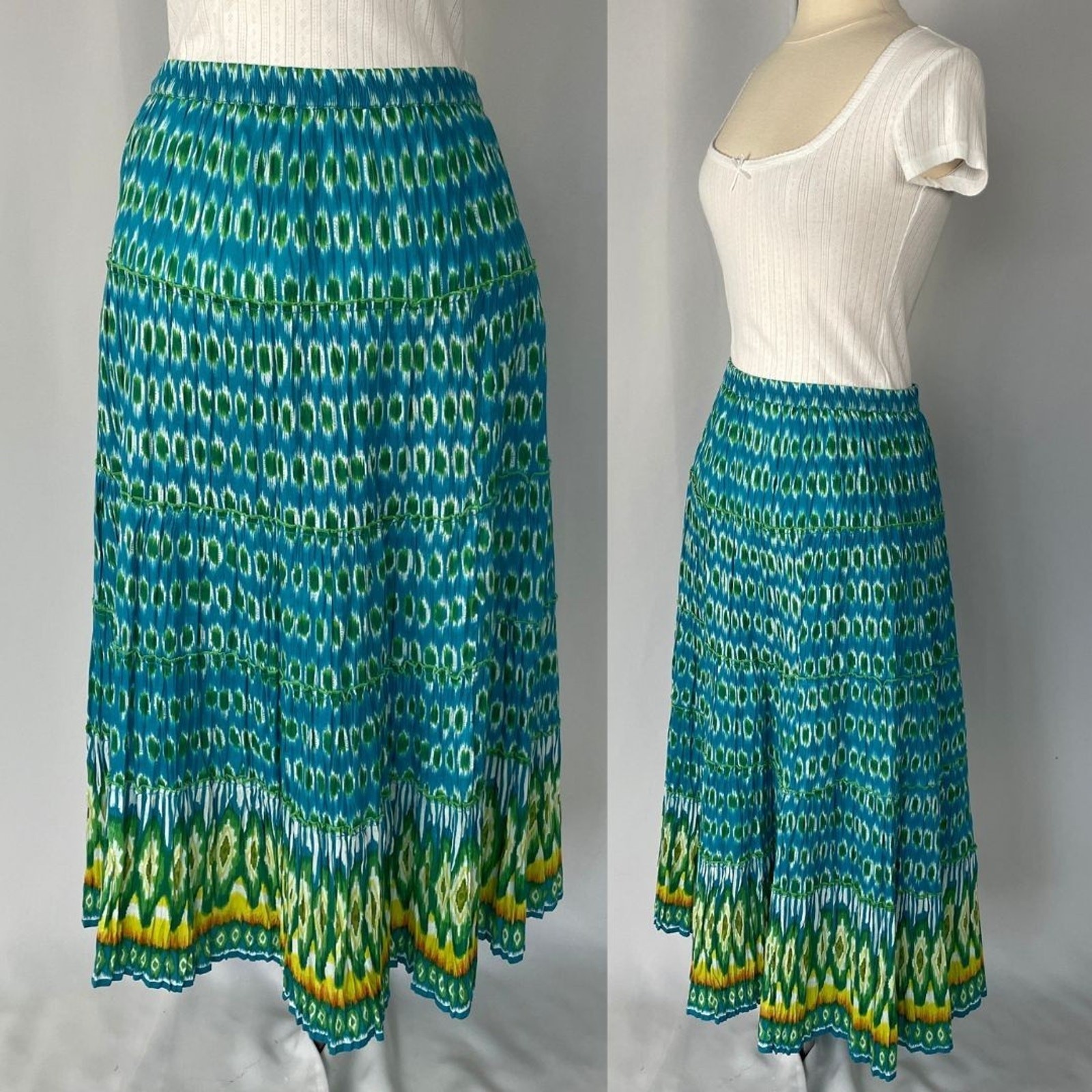 Tiered Maxi Skirt Size Medium Blue Green Boho Print Broomstick Hippie Fairy Y2K-image