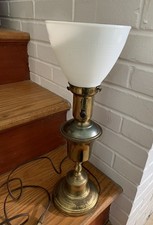 VTG Brass Torchiere 3-Way Table Lamp W White CORNING Waffle Glass Shade, 18”H