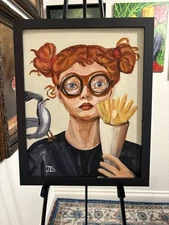 For The Birds, Girl/W Seagull Painting, Framed 11 X 14” Not A Print, Portrait