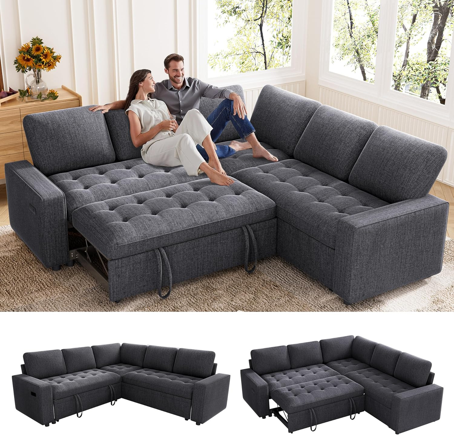 85 Inch Modular Sectional Sofa with Pull Out Bed, Chenille L Shaped Sectional So