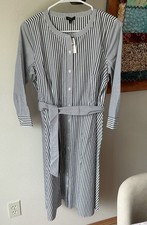 NEW TALBOTS 8P Stripe Gray White Cotton Belted Shirt Dress NWT women Button