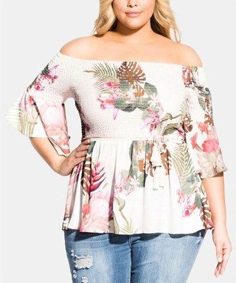 City Chic Paradise Palm Off-shoulder Blouse Ivory NWT Size XL-22