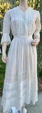 ANTIQUE EDWARDIAN WHITE COTTON DRESS W/ EMBROIDERY OPENWORK LACE