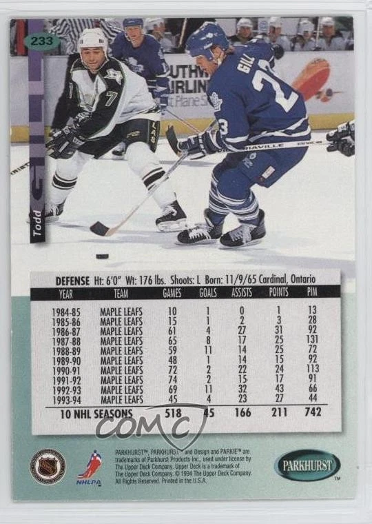 1994-95 Parkhurst Todd Gill #233 - Image 2 of 2