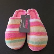 Bobbie Brooks Slippers House Shoes Womens Small 6-7 Pink White Striped Faux Fur