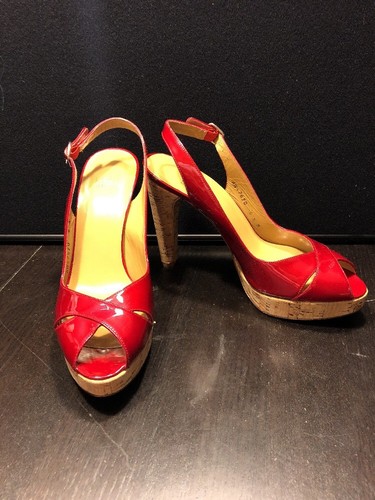 Stuart Weitzman Peep Toe Cork Heels Slingback Sandals Red Patent Leather 8.5 - Picture 2 of 9
