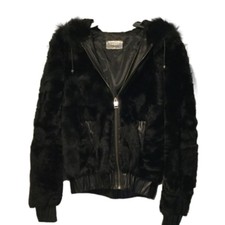 Viaveneto Vintage Black Lambskin Leather Fur Hooded Coat Jacket Sz Xl, New