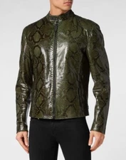 Bomber Jacket for Men's Snake Print Python Cow Leather Embossed Style