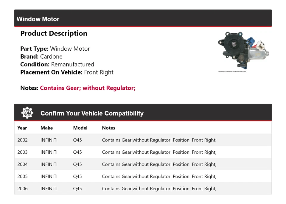 For 2002-2006 INFINITI Q45 Window Motor Front Right Cardone 2003 2004 2005 - Image 2 of 4