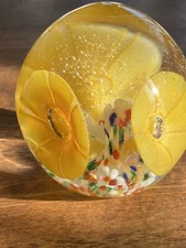 Art Glass Paperweight Yellow Trumpet Flower Blown Bubbles 3” Colorful Floral