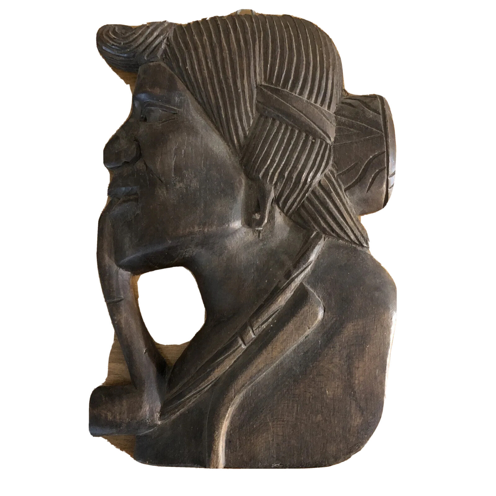 Vintage Tribal Art Hand Carved Wooden Figure Of Indian Native Smoking Pipe