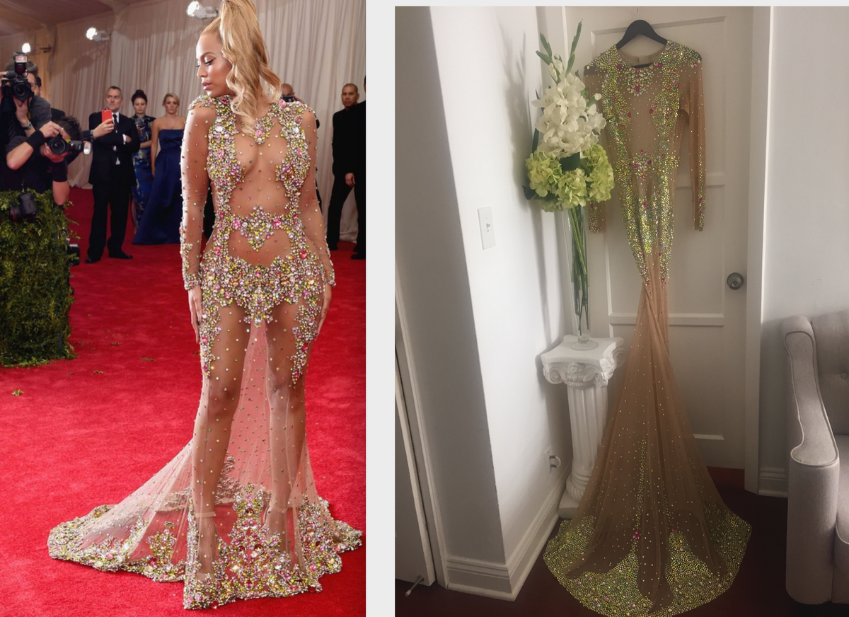 NEW DESIGNER COUTURE BEYONCE GOWN CRYSTALS TAN SHEER MESH DRESS