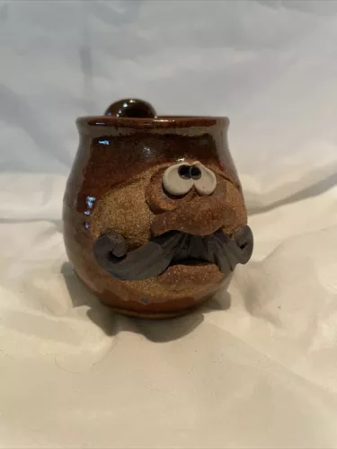 Vintage Robert Eakin Signed Stoneware Pottery Ugly Mug Sad Face Mustache