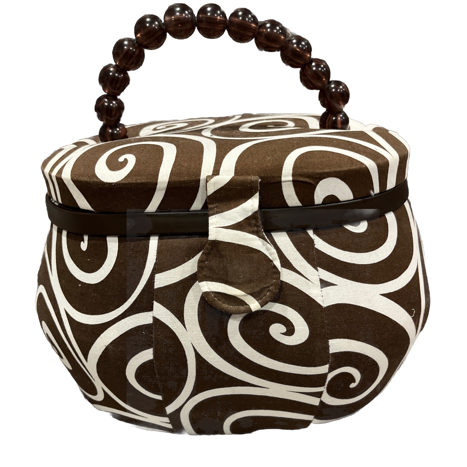 Padded Brown Modern Swirl Print Sewing Box with Fun Beaded Handle