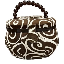 Padded Brown Modern Swirl Print Sewing Box with Fun Beaded Handle