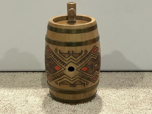 Vtg Carved & Painted Wood Whiskey Barrel Keg Decorative
