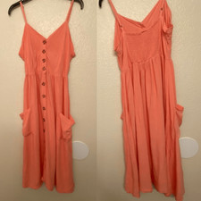 Coral smocked Prairie boho feminine romantic lagenlook button front midi dress L