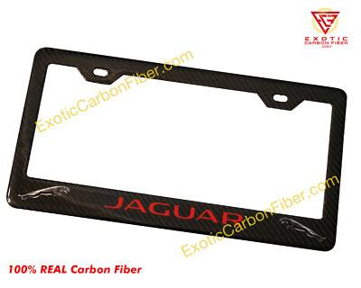 Jaguar Red Text & Shaded Cat Logos Carbon Fiber License Plate Frame 2x2 Gloss