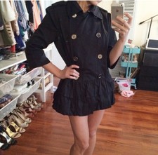 Luii Ruffle Tiered Double Breasted Belted Jacket Sz S Black Satin Trench Rare