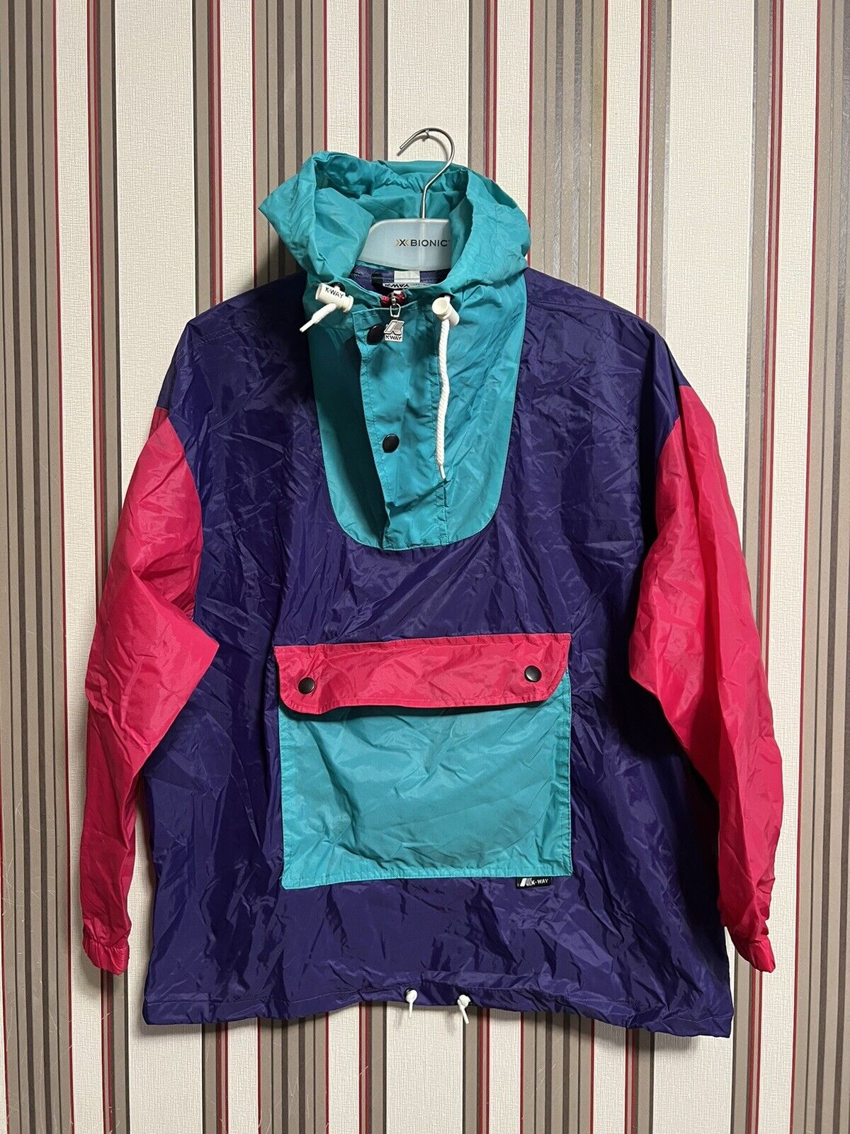 Vintage 90's K-WAY Int. France Colorful Nylon Athletic cagoule jacket men's Sz S