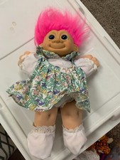 Vintage Russ Berrie 2318 12" Soft Bodied Troll Doll W/Dress  Booties Pink Hair