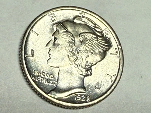 1938 MERCURY silver U.S. dime. Choice BU, satin white flash. #q1
