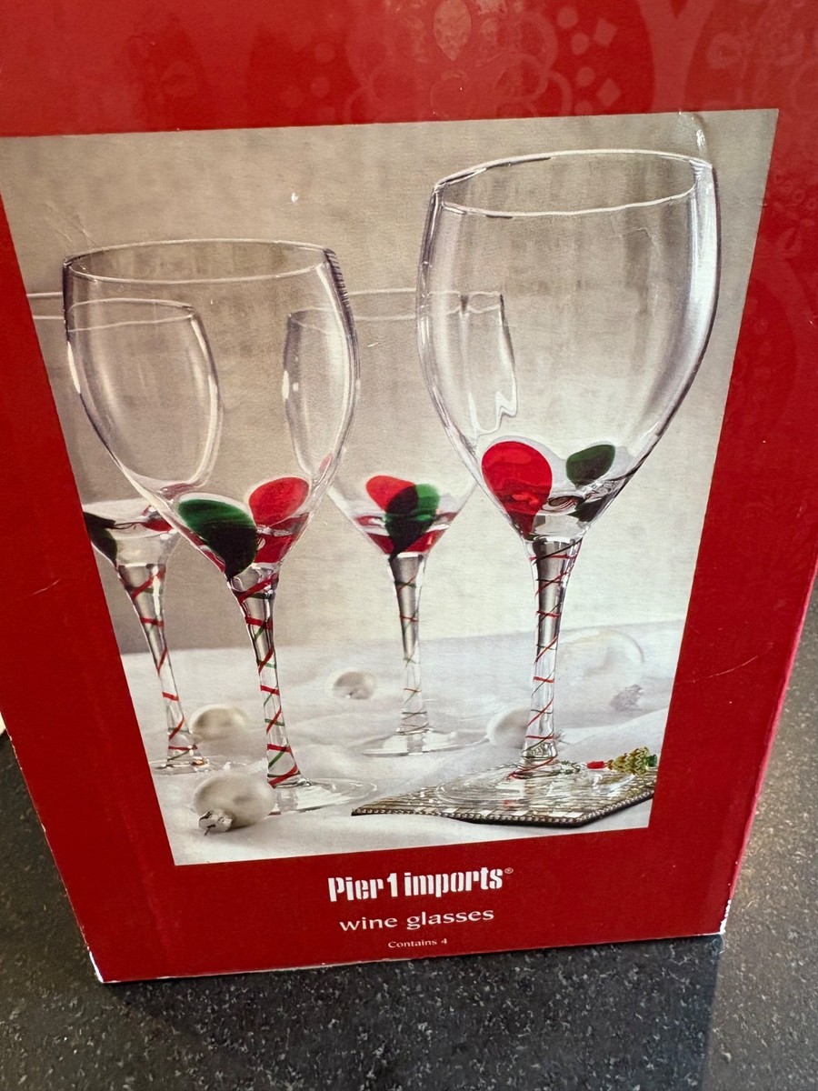 Pier 1 NIB 4 OPTIC Wines Green Red Drop w/ RIBBON STEM GREAT 4 CHRISTMAS  GIFT