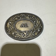 Vintage 1977 "AL" Western Style Ornate Oval Brass Belt Buckle The Kinney Co 1E 