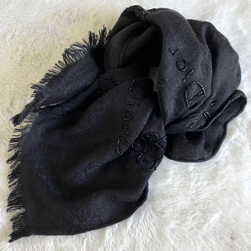 Christian Dior écharpe vintage en soie noire unisexe fait main motif perles florales