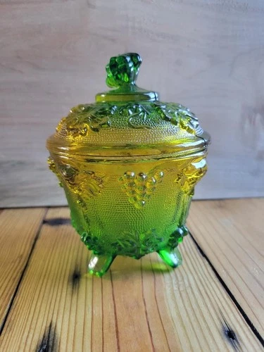 Vintage 1950s Jeanette Glass Footed Candy Dish With Lid Yellow Green Ombré
