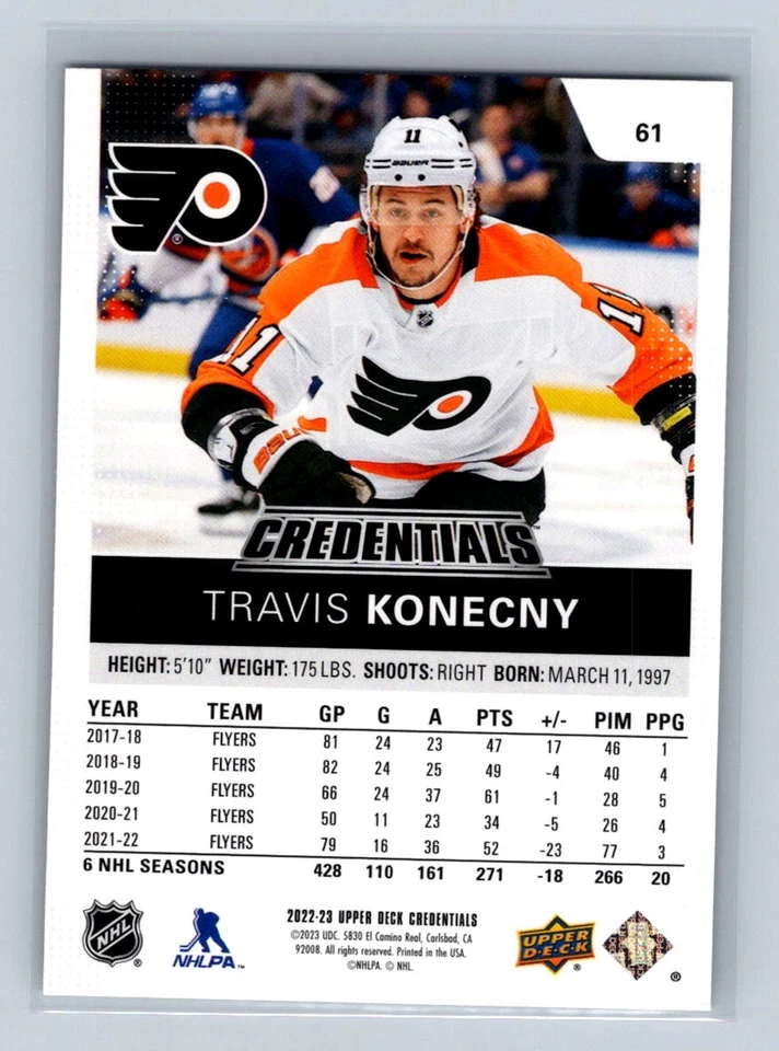 2022-23 Upper Deck Credentials #61 Travis Konecny Philadelphia Flyers - Image 2 of 2