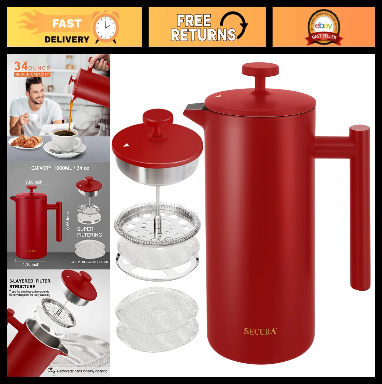 Stainless Steel French Press Coffee Maker - Insulated 34oz, 2 Extra Screens, Red
