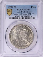 1936 M U.S. Philippines Silver Peso Roosevelt-Quezon KM-177 PCGS MS 64