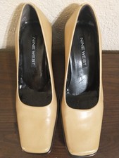Vintage Nine West Nude Leather Block Heel Square Toe Pumps Size Womens 9M