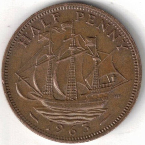 1963 Great Britain Circulated Half Penny Elizabeth II & The Golden Hind Coin!
