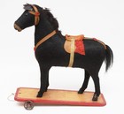 Antique Mohair Pull Toy Horse, Metal Wheels, Wood Base, Horse Hair Tail — photo 1