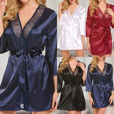 Damen Frauen Satinrobe Spitze Dessous Reizwäsche Kimono Bademantel Morgenmantel