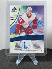 20-21 UD SP Game Used Authentic Rookies Blue Auto Gustav Lindstrom Detroit Wings