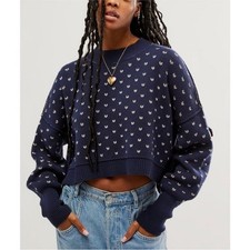 FREE PEOPLE Easy Street Patterened Crop Pullover / Navy Combo NWT
