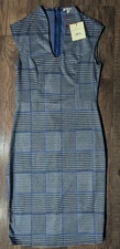 Rolla Coster Women's Blue & Black Houndstooth Plaid Sheath Dress Print Sz L NWT